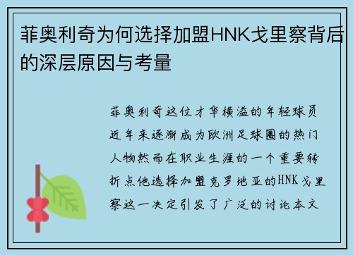 菲奥利奇为何选择加盟HNK戈里察背后的深层原因与考量